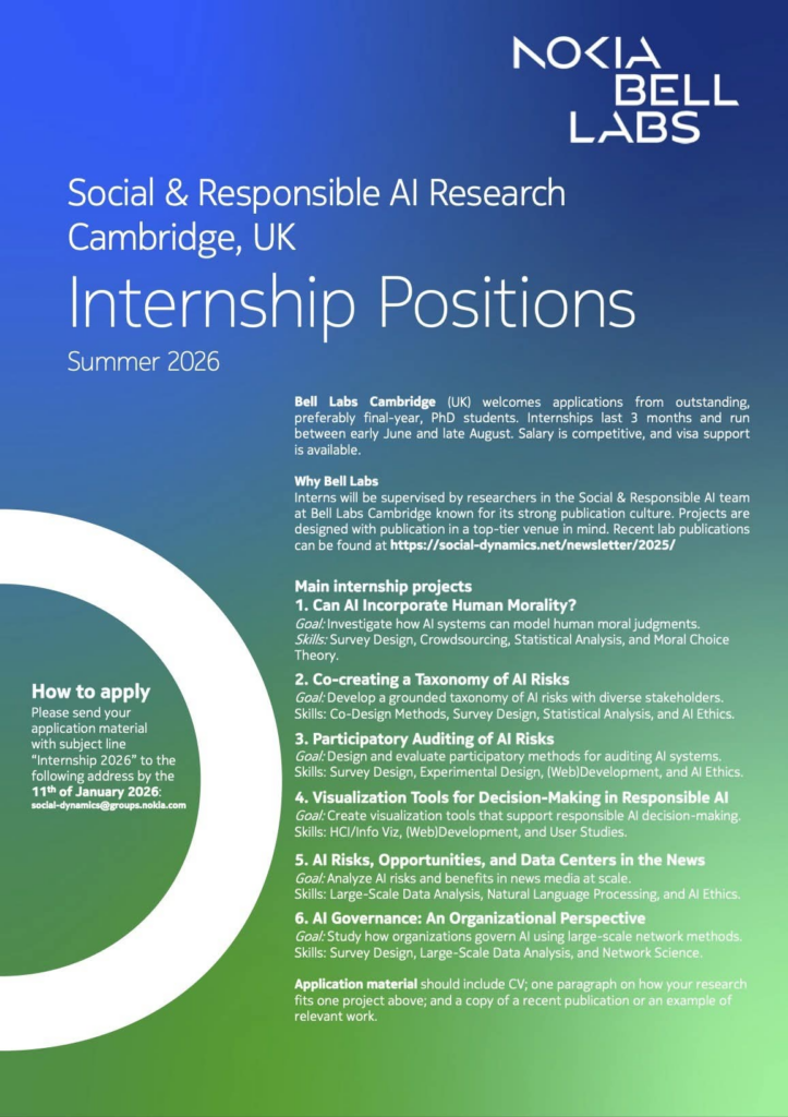 Nokia Bell Labs Social & Responsible AI Summer Internship 2026 – Cambridge, UK
