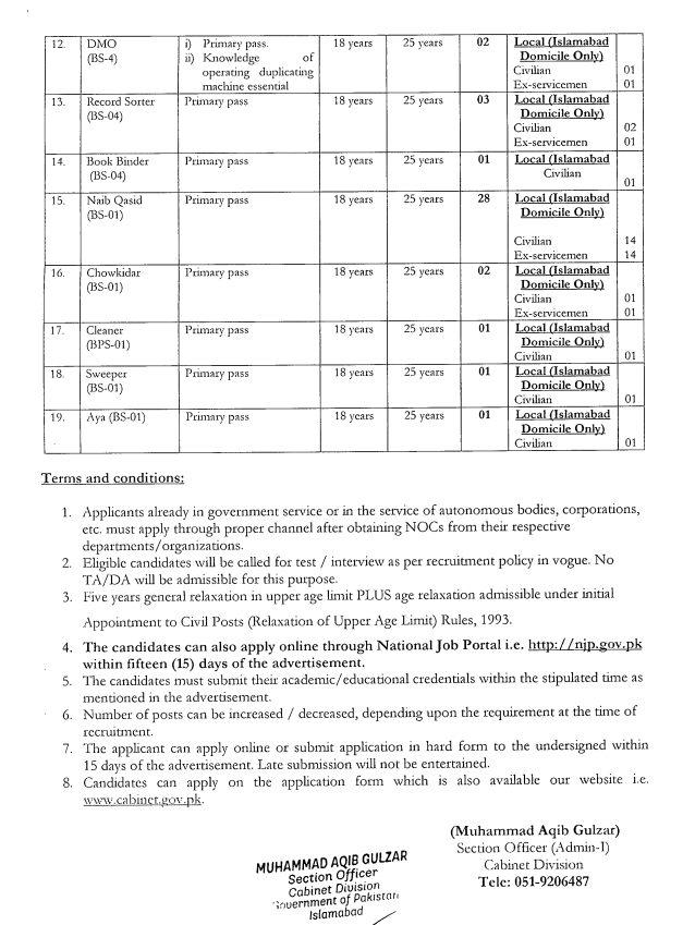 Cabinet Division Jobs 2026 Government of Pakistan Apply Online BS-01 to BS-15 Vacancies